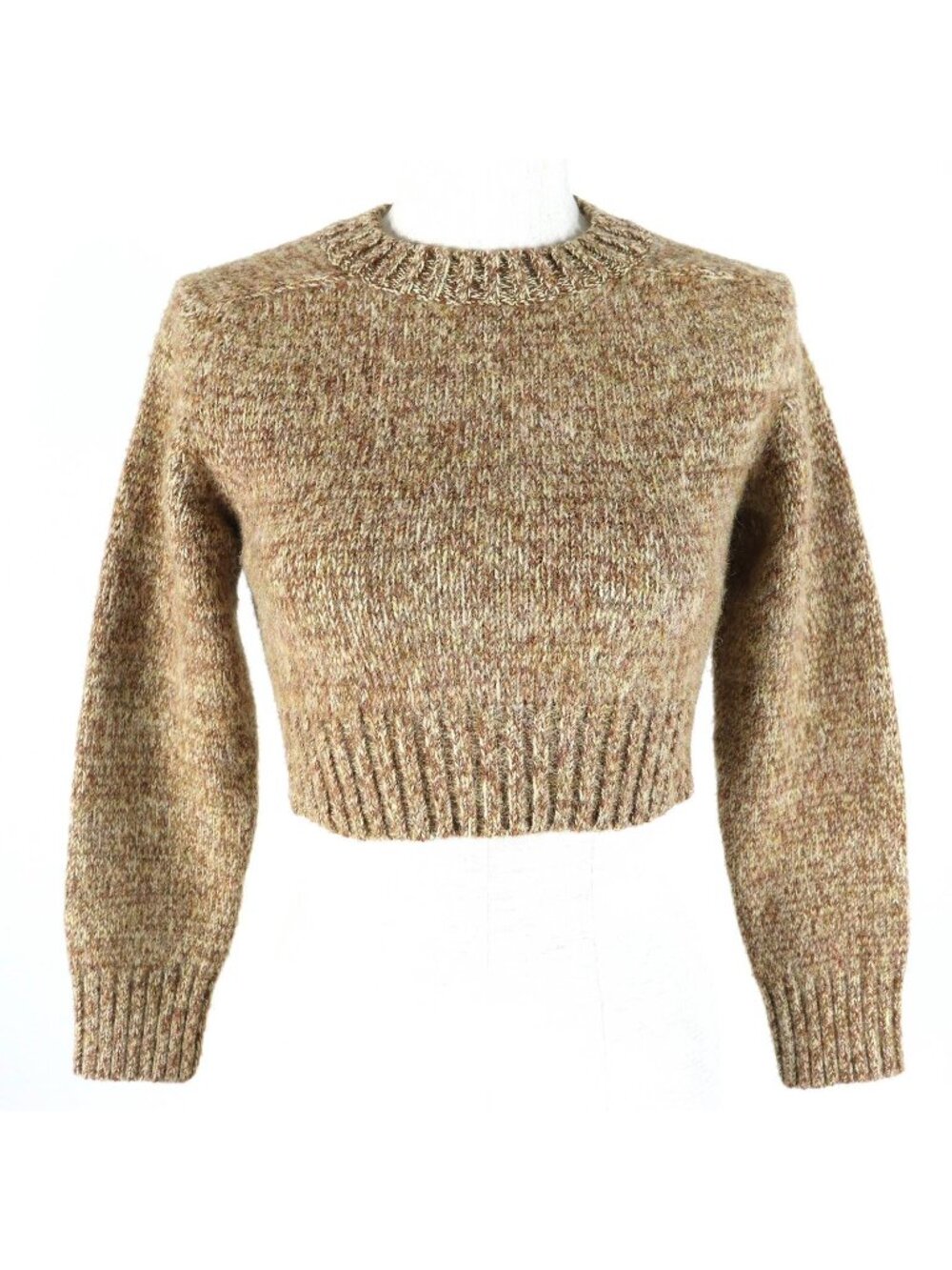 Loewe Wool 100% Anagram Leather Patch Cropped Knit Sweater Brown